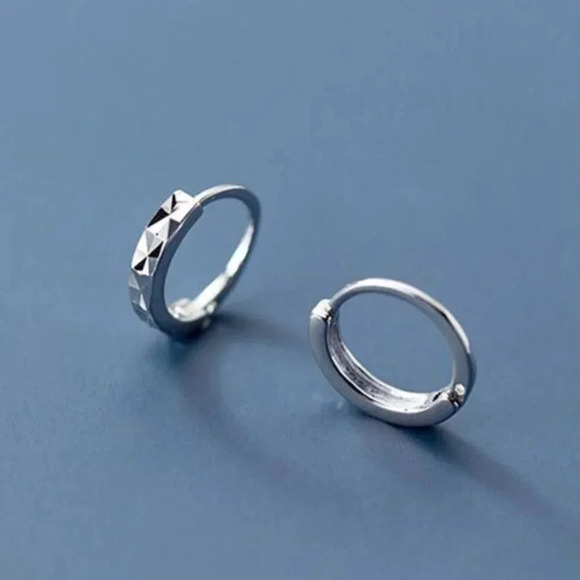 Sterling Silver Diamond Cut Huggie Hoop Earrings - Picture 2 of 7